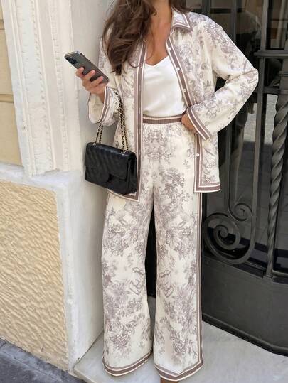SHEIN Ensemble décontracté quotidien pour adolescente avec chemise à manches longues à simple boutonnage et imprimé intégral et pantalon