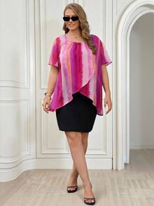 Miaspire Plus Size Women's Fuchsia Pink Round Neck Short Sleeve Fashion 2 In 1 Vacation Dress Dates Formal Brunch Black Summer Elegant Casual Normal - Multicolor - View 4