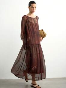 Aalyst Set Gaun Wanita Lengan Raglan Jala Bermotif Bunga dan Gaun Kamisol - Coffee Brown - View 4
