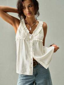 SoleilVie Sleeveless Casual Shirt Vest, V-Neck, Front Pleats And Buttons - Apricot - View 1