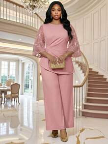 SHEIN Lady Plus Size Elegant Party Sequin Mesh Patchwork Top & Pants 2 Pieces Set - Baby Pink - View 4