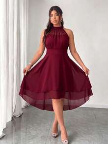 Elenzga Đầm size lớn cổ tròn sát nách, hai lớp bèo nhún, gấu váy bất đối xứng - Màu Đỏ Sâu - Xem 6