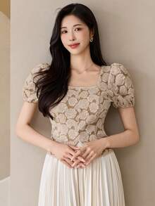 DAZY 女款提花方領短花瓣袖優雅襯衫 夏季 - 杏色 - 查看 5