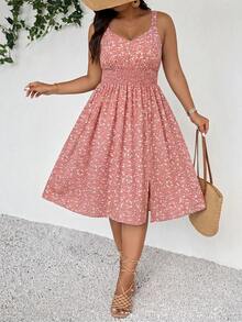 SHEIN Frenchy 大尺碼女款全印花抓皺開衩設計休閒派對洋裝 - 粉色 - 查看 4