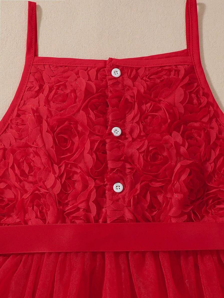 SHEIN Tween Girl Red Bow Spaghetti Strap Dress, Birthday Party, Flower Girl, Party, Back To School, Daily - Red - View 1