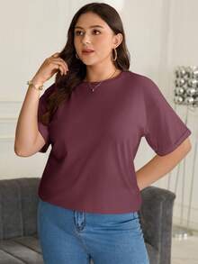SHEIN BASICS 大尺碼落肩素色T恤女款夏季上衣套裝 - 酒紅色 - 查看 5