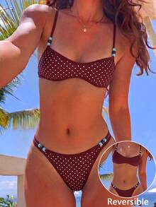 Swim Mod Setelan Baju Renang Wanita 2 Potong, Seri Summer Sweet, Motif Garis Biru dan Cokelat Bolak-balik dengan Hiasan Manik-manik - MultiWarna - View 4