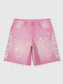 ROMWE MEN Men's Plus Size Casual Daily Denim Shorts With Pockets, Buttons And Floral Embroidery Pattern - Pink - View 1