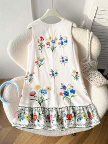 SHEIN 少女花卉印花無袖荷葉邊下擺夏季度假洋裝 - 白色 - 查看 4