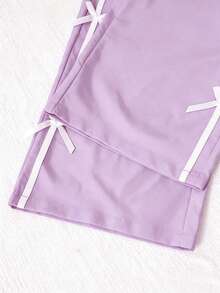 SHEIN 2pcs/Set Teen Short Sleeve & Long Pants Set, Pink Bow Ribbon, Suitable For Spring/Summer, Sports & Commuting - Multicolor - View 5