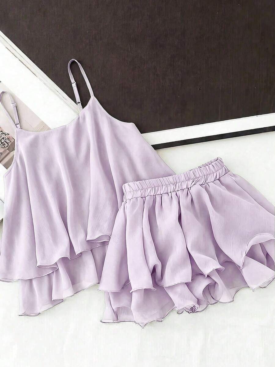 Franclia Plus Size Casual Multi-Layer Ruffle Hem Set, Camisole Top And Pants, Comfortable Everyday Wear - Mauve Purple - View 1