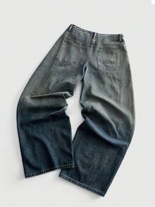 ROMWE MEN Jeans holgados con patrón bordado y corte curvo para hombre - Azul - Ver 3