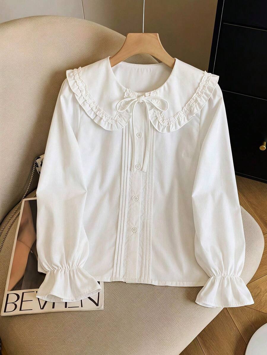 SHEIN Tween Girls' Long Sleeve Jacquard Cutout Peter Pan Collar White Blouse, Spring/Summer Back To School - White - View 1