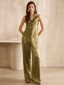 MOTF PREMIUM WOMEN'S EARLY AUTUMN LACE TRIM SPLICED SATIN CAMISOLE - Green - View 5