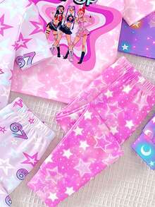 女童春/秋夢幻霓虹粉紫色螢光星星印花UV光感夜光修身居家服套裝，圓領長袖上衣與錐形長褲，修身剪裁，甜酷圖案，針織彈性面料，柔軟舒適2件式睡衣套裝 - 彩色 - 查看 3
