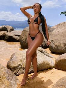 SHEIN Swim 1 件装夏季女士纯色吊带性感泳衣上衣 - 黑色 - 查看 4