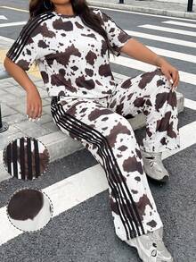 SHEIN EZwear 大尺碼女款牛紋短袖上衣與長褲休閒日常兩件套 - 彩色 - 查看 2