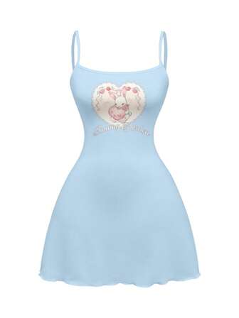 Anime Süßes Mini-Kleid für Damen mit süßem Herz-Kuchen-Hasen-Herz-Schleifen-Allover-Muster