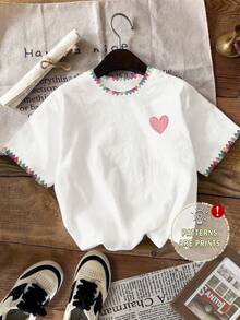 Elladie kids (1 Pc) Girls' Fresh Minimalist Collar Colorful Line Wavy Stripe Heart Pattern Basic Short T-Shirt, Comfortable Daily Wear - Multicolor - View 5