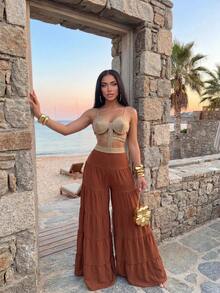 Slaydiva Damen Farbblock Plissee Cut-Out Lässig Urlaubs Cover-Up Jumpsuit Badeanzug Badeanzüge - Braun - Übersicht 6