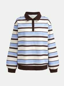 SHEIN 青少年女孩秋季復古歐美風 Polo 領鈕扣寬鬆休閒學院風長袖衛衣，街頭休閒風，寬鬆 Polo 條紋印花衛衣，適合日常休閒通勤百搭 - 咖啡棕 - 查看 3