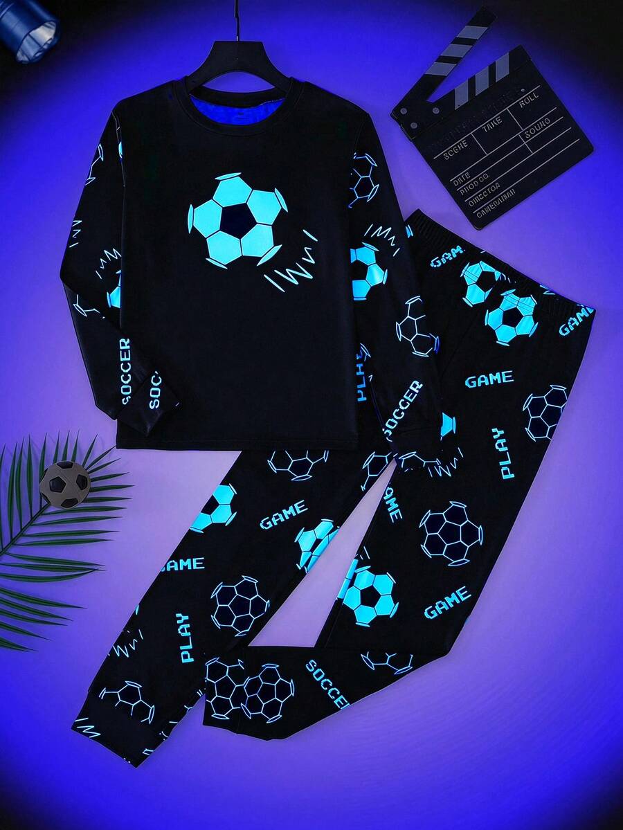 SHEIN 青少年男孩霓虹美式足球圖案圓領長袖褲子休閒舒適修身居家睡衣套裝 2件組 - 黑色 - 查看 1