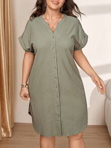 Comfylo Plus Size Casual Solid Color Front Button Dress Gym Brown - Army Green - View 6