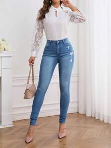 SHEIN Tall High Waist Ripped Skinny Jeans, Tall Women - Blue - View 5