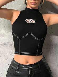 SHEIN ICON 圖案印花明線裝飾黑色短版背心 - 黑色 - 查看 4