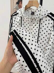 SHEIN EZwear 女款大尺碼波點拉鍊口袋長袖連帽夾克 - 黑與白 - 查看 5