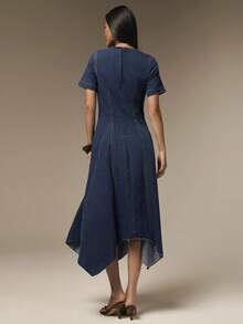 COSMINA Denim 女款秋季時尚不對稱下擺牛仔洋裝，海軍藍休閒度假日常穿搭，優雅早午餐造型 - 藍色 - 查看 3