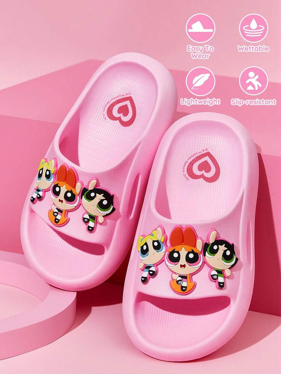 THE POWERPUFF GIRLS X SHEIN 可愛卡通粉色花朵女孩兒童拖鞋,幼兒與兒童快乾浴室拖鞋,輕量耐用 EVA 材質,適合 - 珊瑚粉 - 查看 1