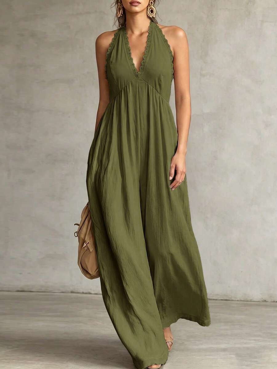 Linhara CURVE Plus Size Woven Summer Casual Fashion Style Travel Daily Wear Women's One-Piece Pants - Green - View 1