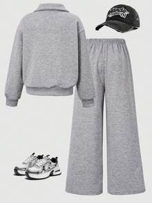 SHEIN Sparklyn 青少年女孩 2件/套運動衫套裝，常規厚度春秋運動衫套裝，復古，返校，寬鬆，針織，休閒，極簡，秋季 - 淺灰色 - 查看 2