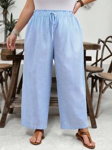 SHEIN CURVE+ Curve Size US22音樂節、海邊度假、波希米亞休閒純色寬鬆長褲，夏季/鄉村/海灘度假穿搭/海灘穿搭/海灘服飾 - 藍白色 - 查看 3