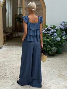 Livesso Tall Women's Ruffle Tank Top And Loose Long Pants Vacation Style Two Pieces Set Summer - Blue - View 4