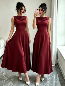 SHEIN Ladies Summer Dress, Elegant Party Dress, Wedding Guest Dress, Birthday Suit, Elegant Dress, Festival Dress, Ruffled Dress, Red Dress, New Year Dress - Burgundy - View 4