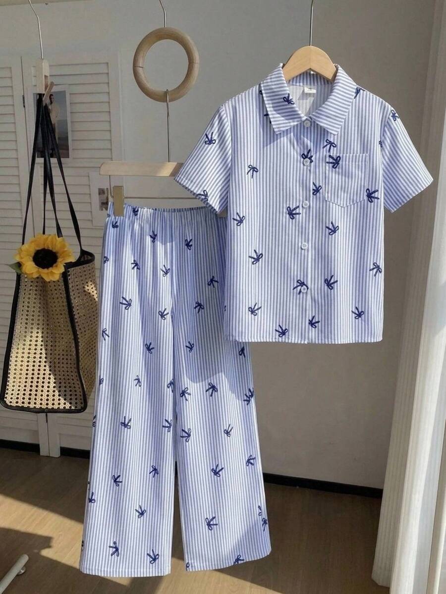 SHEIN Casuvi Kids 女童 2 件套休閒街頭風，適合度假、外出、上學，Ins 網紅風條紋蝴蝶結印花開襟短袖襯衫搭配直筒長褲，梭織克ريب數位印花工藝，適合春夏日常休閒穿著