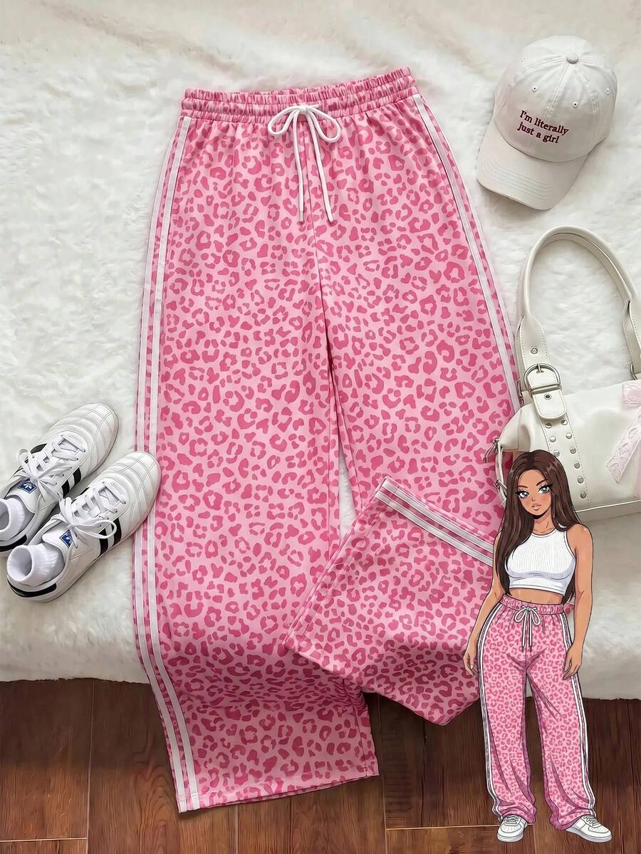 Comfortcana Plus-Size Retro Pink Leopard Print Casual Color-Block Lace-Up Knit Sweatpants – Back-To-School Season - Pink - View 1
