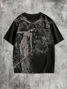 ROMWE MEN Street Life Teen Boy Angel Print Crew Neck Short Sleeve Casual Loose Fit T-Shirt - Black - View 1