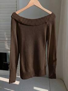 Comfortcana 女款刺繡扭繩圓領長袖針織毛衣上衣 - 棕色 - 查看 2