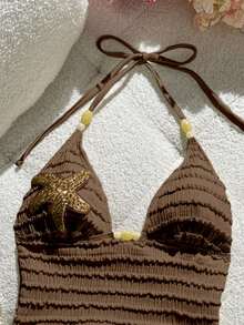 Bonvoyette 2026 New Women's Summer Beach Vacation Two-Piece Bikini Set, Special Striped Textured Fabric, Spaghetti Straps, Spaghetti Strap, Beaded Hollow Triangle Backless Sexy Solid Color Ruched Starfish Applique Tank Top And Bikini Bottoms - Brown - View 8