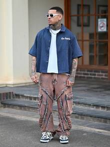 Devon Thys 1pc Men's American Fashion Street Patchwork Multi-Pocket Cargo Jeans, Loose Comfortable Wide Leg Casual Pants, Versatile All-Season Denim Trousers (Belt And Accessories Not Included) - Red - View 1