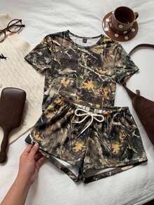 Comfortcana 迷彩印花女款休閒兩件式T恤短褲套裝 - 軍綠色 - 查看 8