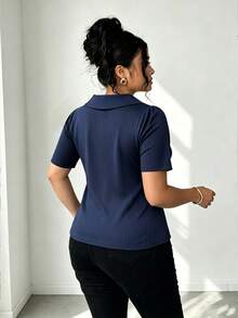Elenzga Plus Size Women's Fashion Casual Lapel Pearl Button Short-Sleeve T-Shirt, Summer Outfit, Solid Color Navy Blue Top Bussines Office - Blue - View 2