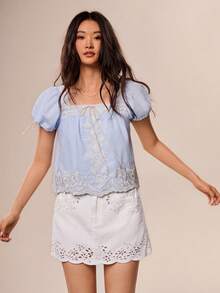 Willow Rêve Women's Blue Embroidered Trim Puff Sleeve A-Line Loose Blouse, Boho Style, Valentine's Day, Romantic Exclusive Style, Sweet Style - Blue - View 6
