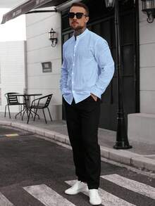 Manfinity Homme Men's Solid Color Single-Breasted Casual Versatile Daily Wear Shirt, Formal - Baby Blue - View 4