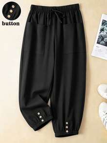 Linhara Loose Fit Cropped Length Casual Pants With Drawstring Waist, Side Pockets And Wooden Button Hem Decor, Plus Size Fall - Black - View 1