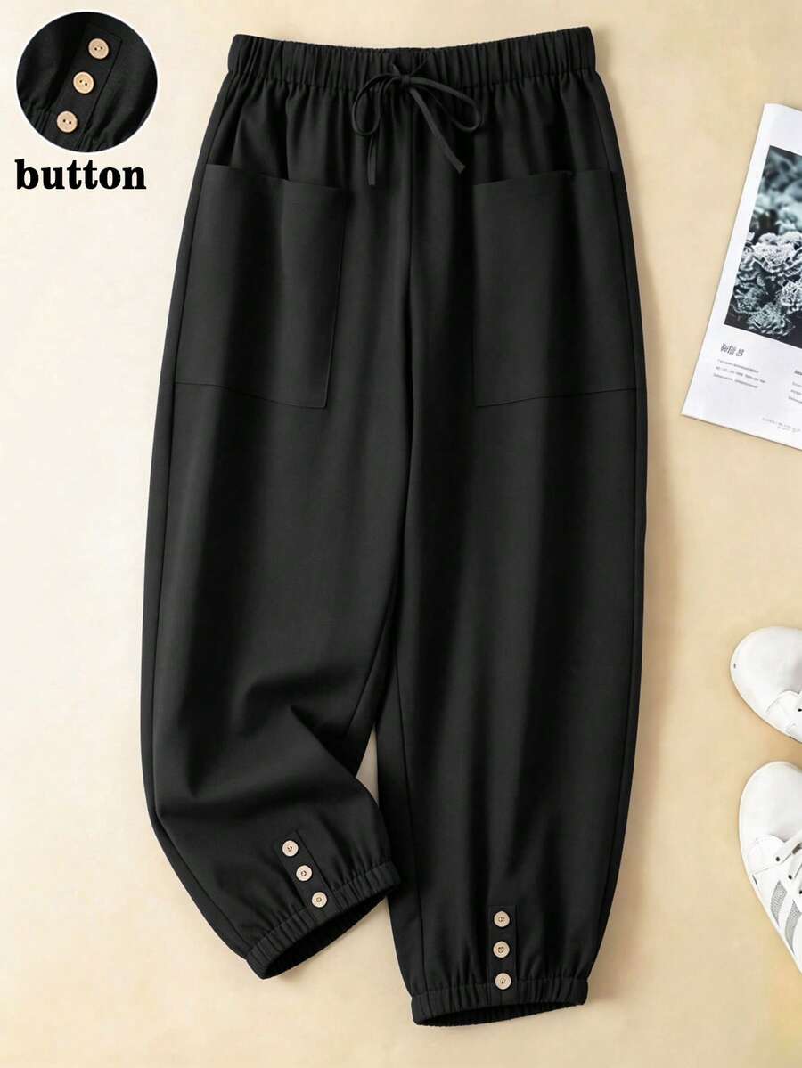 Linhara Loose Fit Cropped Length Casual Pants With Drawstring Waist, Side Pockets And Wooden Button Hem Decor, Plus Size Fall - Black - View 1