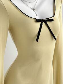 Elamini Soft Pure Sweet Contrast Color Ruffle Bow Tight Elastic Flared Long Sleeve Mini Dress - Light Yellow - View 5